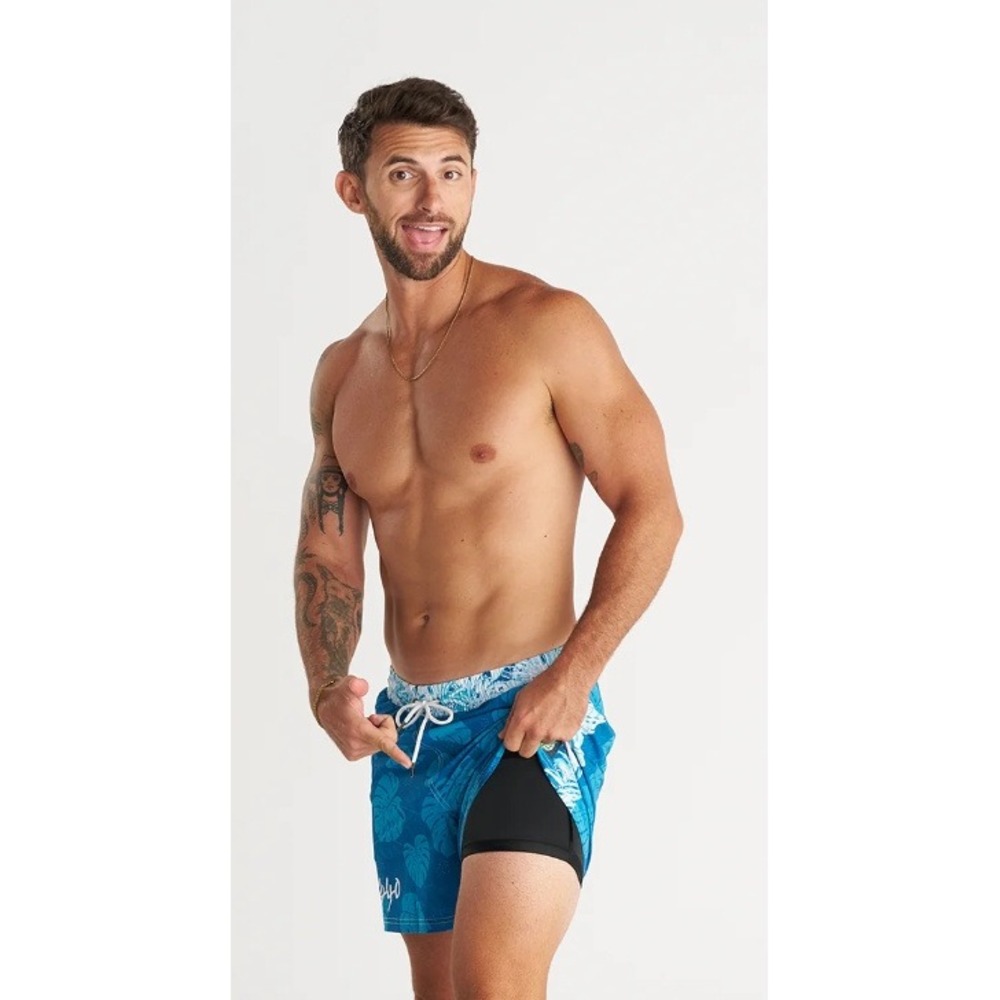 Slunks Volleyball Board Shorts Mens Size Large Blue Floral Athletic Swim Trunks